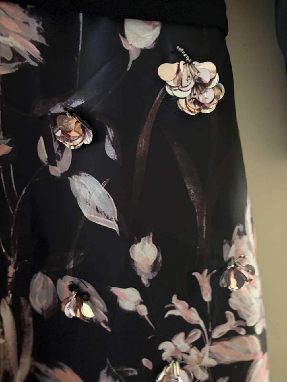 Theia Black V-Neck Long Sleeve Dress with Pink Floral Skirt - Picture 11 of 14